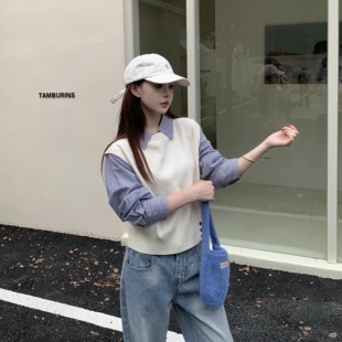 3MER哦哦三妹高智感韩系假两件条纹毛衣衬衫 设计感小众上衣 女秋季