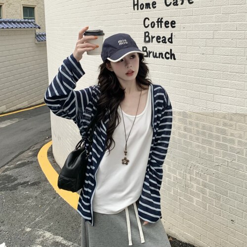 3MER韩女显瘦条纹小开衫