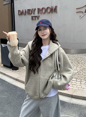 3MER哦哦三妹美式复古慵懒风宽松条纹开衫连帽卫衣女休闲长袖外套