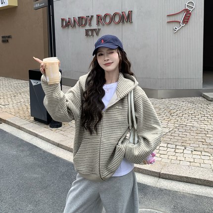 3MER哦哦三妹美式复古慵懒风宽松条纹开衫连帽卫衣女休闲长袖外套
