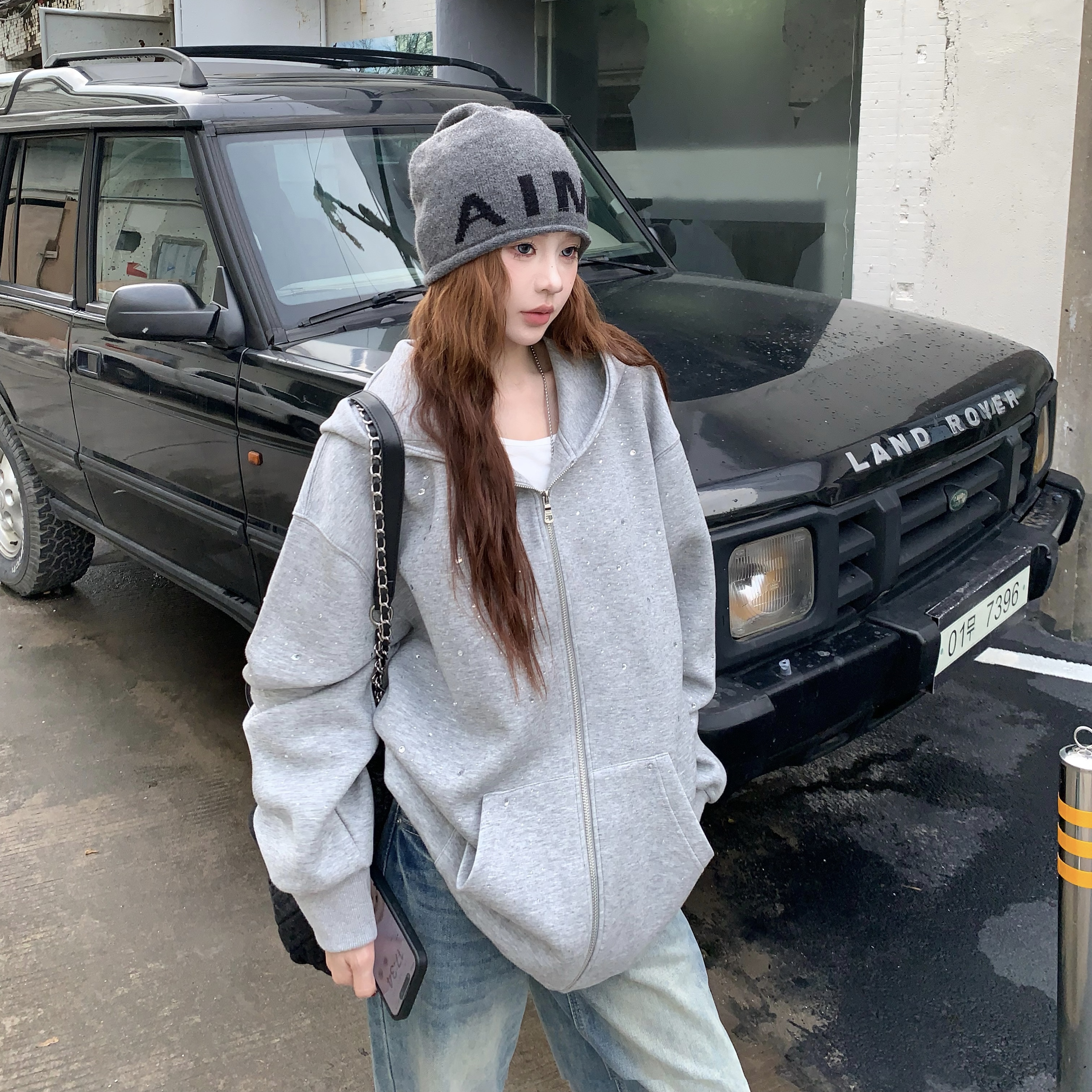 3MER满天星烫钻连帽开衫卫衣外套