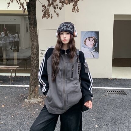 3MER哦哦三妹美式立领重工拼接牛仔外套女秋冬宽松设计感小众夹克