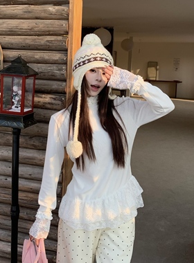 3MER哦哦三妹 白色蕾丝花边内搭打底衫女秋冬叠穿韩系长袖T恤上衣