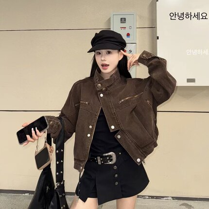 3MER哦哦三妹美式复古工装风短款牛仔机车外套女2025秋季新款夹克