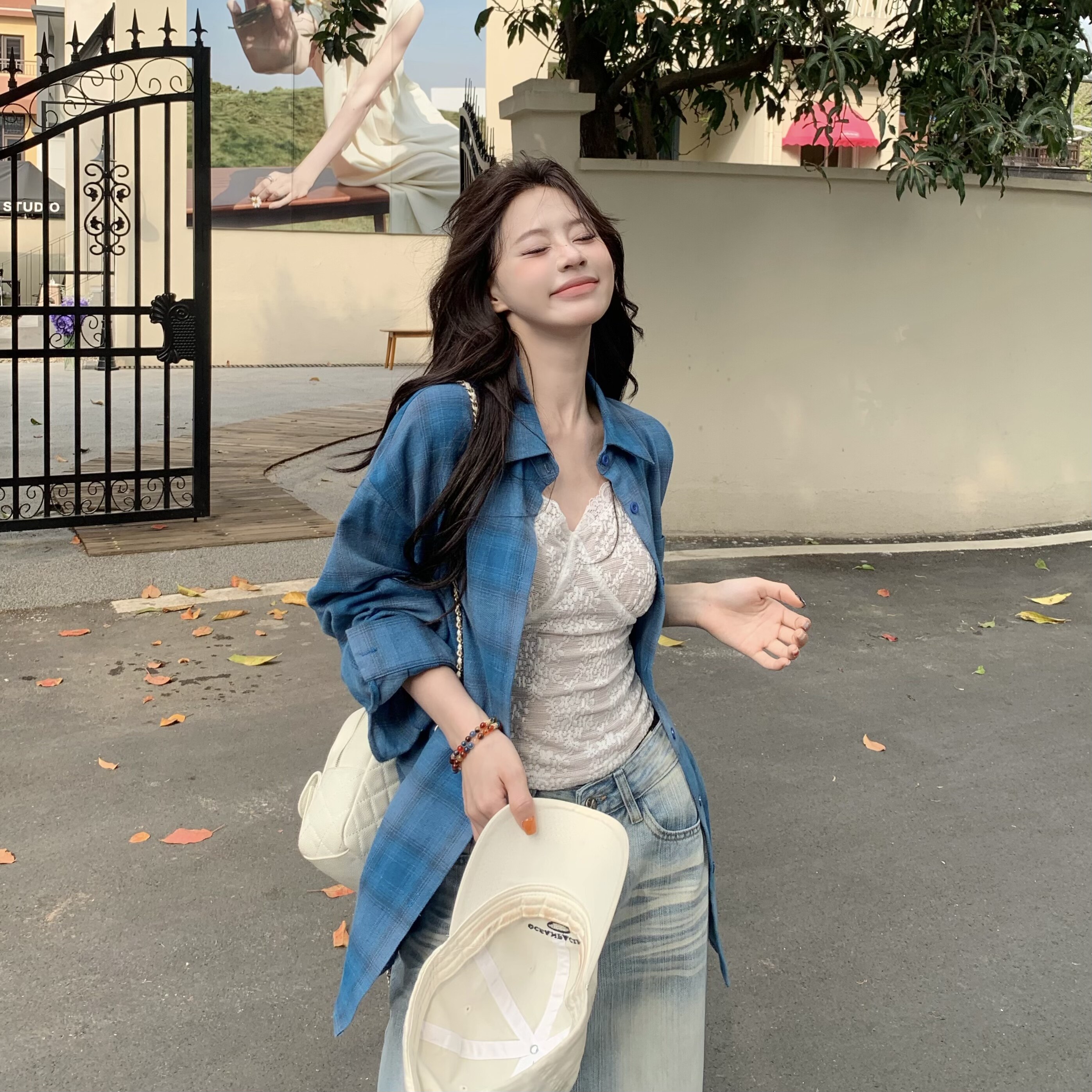 3MER哦哦三妹 韩系蓝色格纹衬衫女春夏宽松慵懒休闲长袖衬衣外套