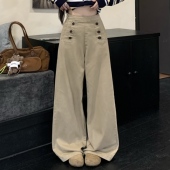 3MER哦哦三妹卡其色休闲裤 子 宽松阔腿设计感直筒裤 女2025秋季 新款