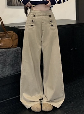 3MER哦哦三妹卡其色休闲裤女2026春秋新款宽松阔腿设计感直筒裤子