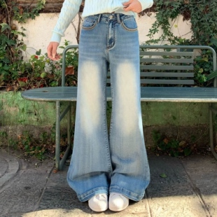 3MER哦哦三妹四面弹不贴腿蓝色微喇牛仔裤女2026春夏新款宽松裤子