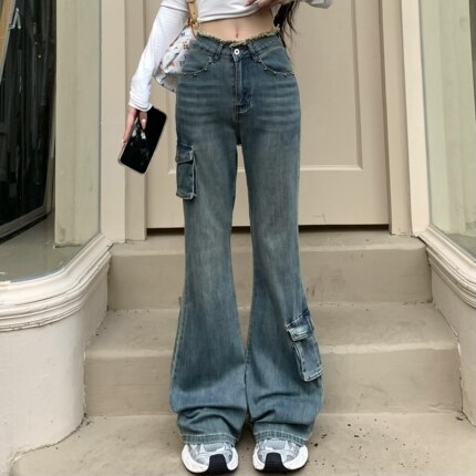 3MER哦哦三妹铆钉毛边工装微喇牛仔裤女秋设计感小众辣妹修身裤子