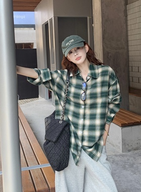 3MER哦哦三妹 绿色格子衬衫女秋季韩系复古宽松格纹长袖衬衣外套