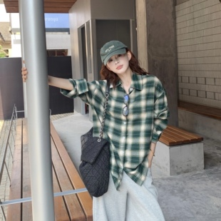 3MER哦哦三妹 绿色格子衬衫女春秋韩系复古宽松格纹长袖衬衣外套