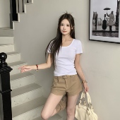 显瘦秋季 3MER哦哦三妹正肩U领短袖 T恤女修身 白色内搭打底百搭上衣