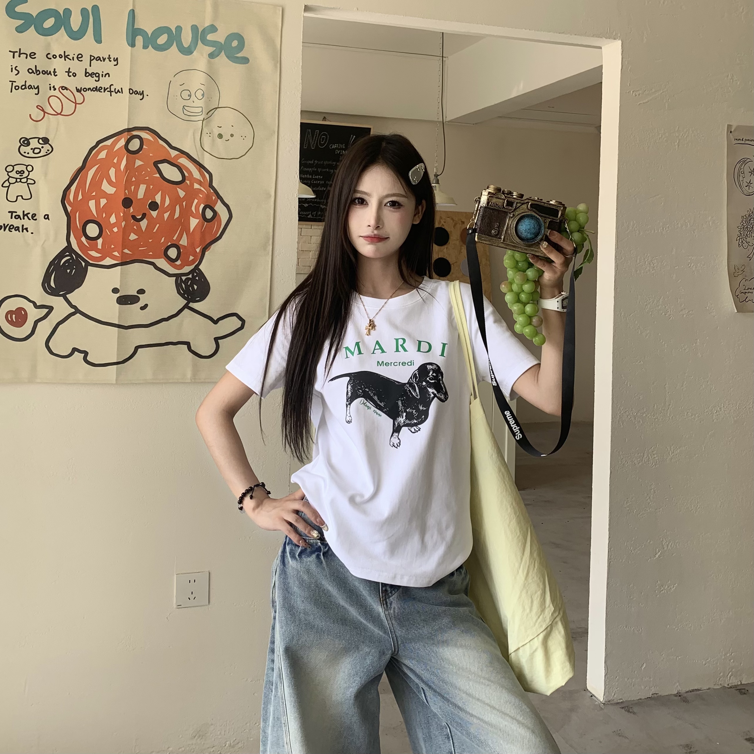 3MER韩女bi备正肩宽松短袖T