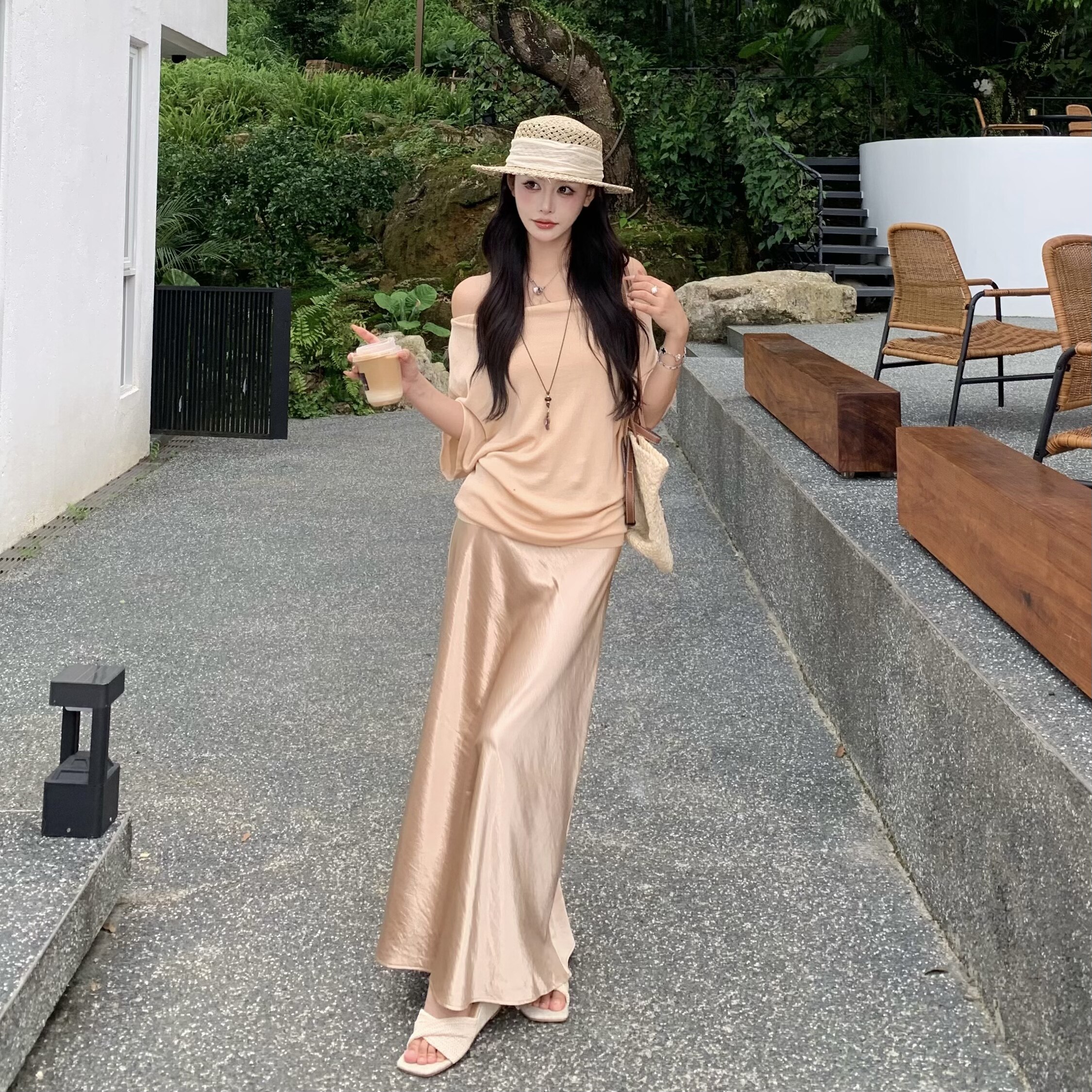 3MER哦哦三妹法式气质香槟色半身裙女春夏包臀显瘦中长款鱼尾裙子