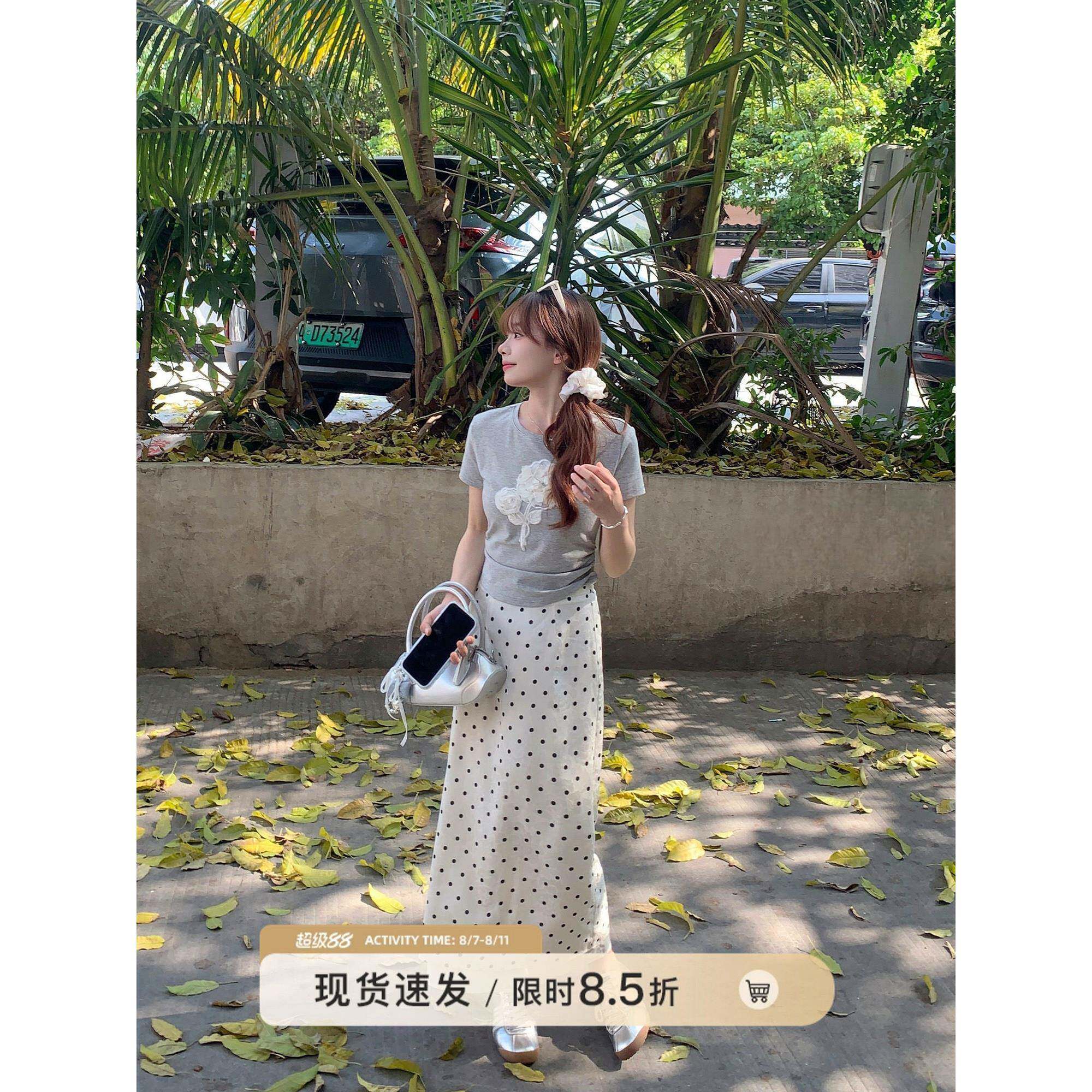 切饼老树夏日小短裙女式圆点裙法式白色长裙