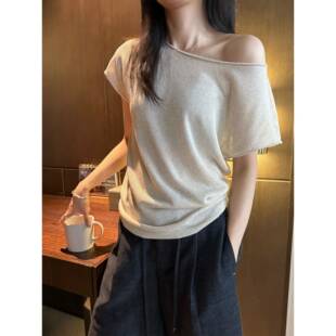 Awencoat 【一衣两穿】天丝亚麻短袖t恤女夏露肩卷边斜肩针织上衣