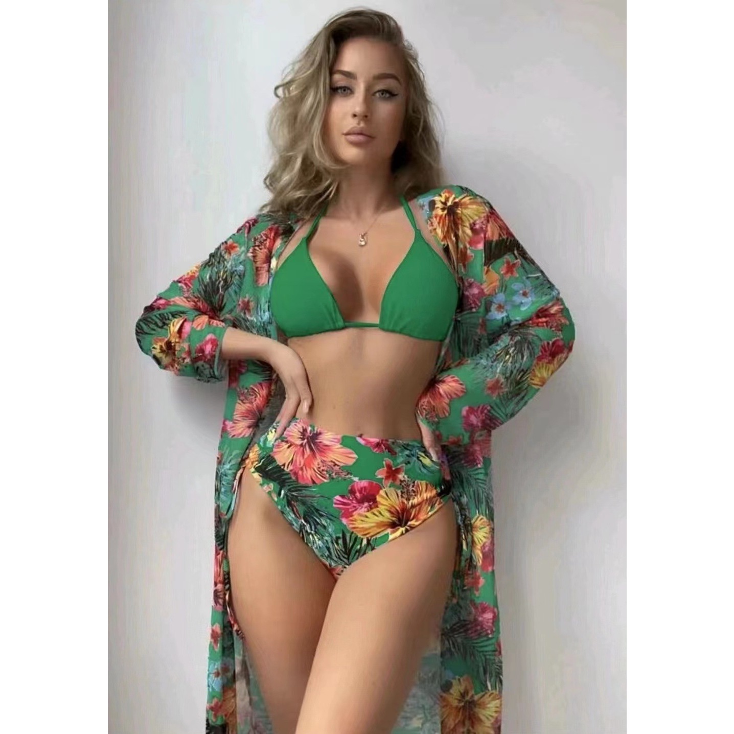 三件套装泳衣2025新款分体蕾丝罩衫跨境印花比基尼