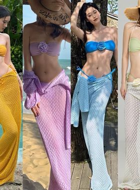 新款泰国泳衣黄色罩衫度假长裙泳衣比基尼拍照绝美高级感温泉泳衣