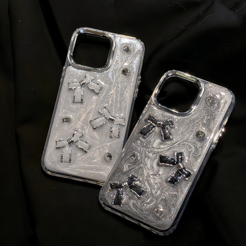 银灰闪粉滴胶手机壳适用iPhone14Promax蝴蝶结苹果15水钻13女新款