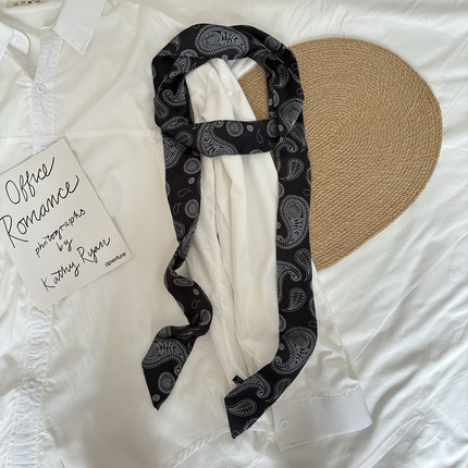 通勤经典黑白腰果花丝巾女长条系脖子丝带装饰腰带复古发带配饰