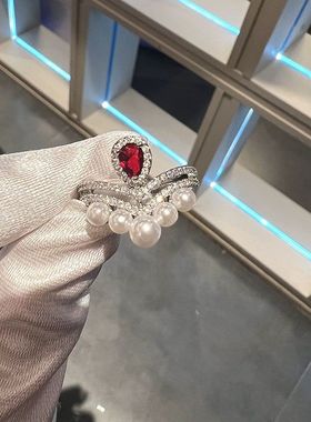 皇冠珍珠红钻戒指女款轻奢ins小众高级感精致气质百搭食指戒指环