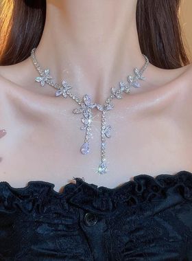 锆石蝴蝶流苏项链耳环套装时尚轻奢风设计感锁骨链宴会礼服配饰