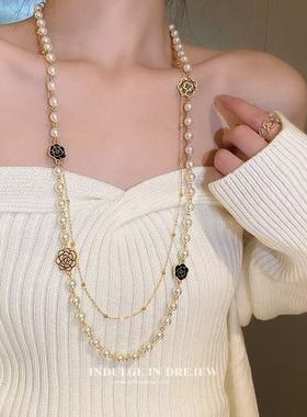 轻奢镂空玫瑰珍珠项链长款高级四季毛衣链时尚设计潮香风气质配饰