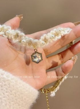 珍珠毛绒双层项链choker轻奢小众设计高级法式秋冬甜美项圈毛衣链