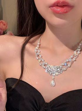 法式超闪水滴串珠项链轻奢晚宴精致小众高级锁骨链