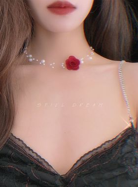仙女风饰品薄纱山茶花项链短款锁骨链choker玫瑰花朵项圈颈链女