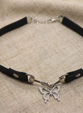 圣诞节礼物辣妹镂空蝴蝶吊坠choker朋克项链皮质锁骨项圈闺蜜颈链