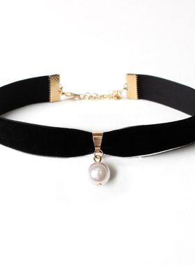 黑色丝绒百搭锁骨链项圈女颈带日韩短款珍珠脖子饰品choker少女