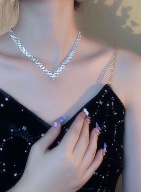 项链超闪y型潮流水钻脖链耳钉新娘结婚饰品气质满钻简约百搭套装