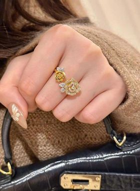 中式微镶锆石玫瑰花开口戒指女款高级感重工轻奢宫廷风食指戒指环