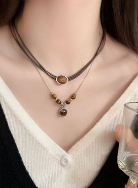 六件套复古棕色胶片相机套装女高级设计感皮革虎眼石项链百搭颈链