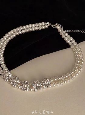 古堡公主 氛围感法式双层珍珠锆石项链 轻奢高级感小众复古锁骨链