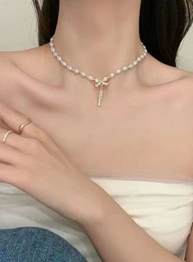 双层流苏珍珠项链女款2025新款山茶花高级链轻奢锁骨链脖颈配饰