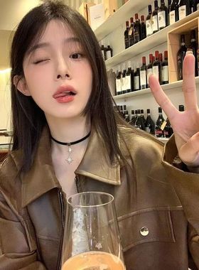 甜酷美拉德八芒星choker颈链pu皮项链女小众设计感高级项圈锁骨链