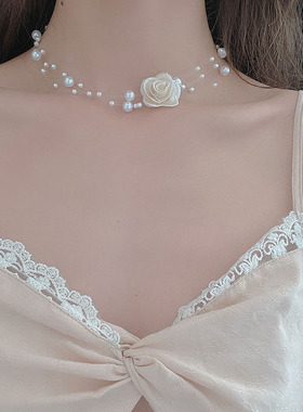 法式浪漫性感优雅复古花朵鱼线珍珠锁骨链超仙气质少女项链choker