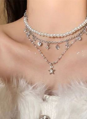 开学季新款choker星星水钻吊坠珍珠项链女小众设计高级感锁骨链