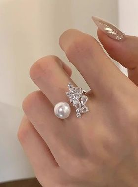 925银闪钻树叶珍珠戒指女小众设计轻奢高级食指戒时尚冷淡风指环
