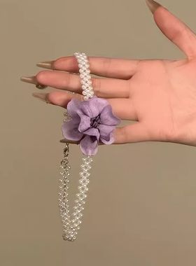 野心家原创【优雅主义】法式温柔风珍珠项链紫色花朵choker锁骨链