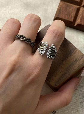 复古星星环绕珍珠戒指女款轻奢小众高级感独特做旧叠戴食指戒指环