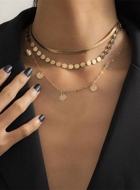 项链女套装欧美风夸张多层项饰 百搭潮流几何细链条锁骨链女