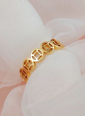 铜钱复古金色钛钢戒指女小众设计感招财进宝转运指环情侣戒不掉色