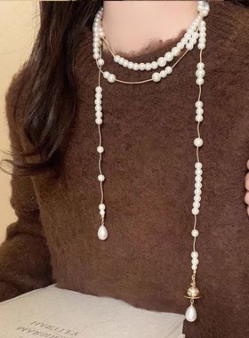 新中式多层叠戴珍珠项链女小众轻奢高级感长款毛衣链秋冬百搭配饰