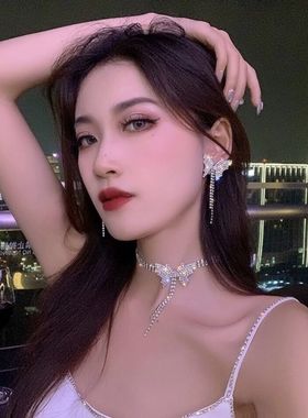 choker项圈水钻项链新娘蝴蝶结锁骨链短款颈链女简约颈带耳环套装