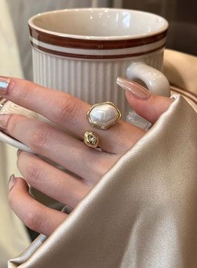 异形珍珠开口戒指女款ins小众设计高级感2024年新款复古食指戒指