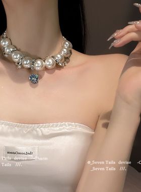 时髦欧美珍珠项链夸张大小珍珠缠绕锆石设计多戴法项链高级锁骨链