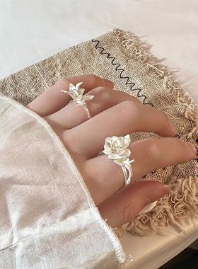 新款国风复古清冷感优雅白玉兰戒指女小众茉莉花开口戒新中式配饰